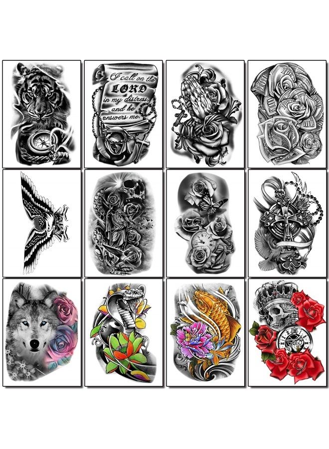 36 Sheets Temporary Tattoos Stickers Include 12 Sheets Large Stickers Fake Body Arm Chest Shoulder Tattoos for Men and Women