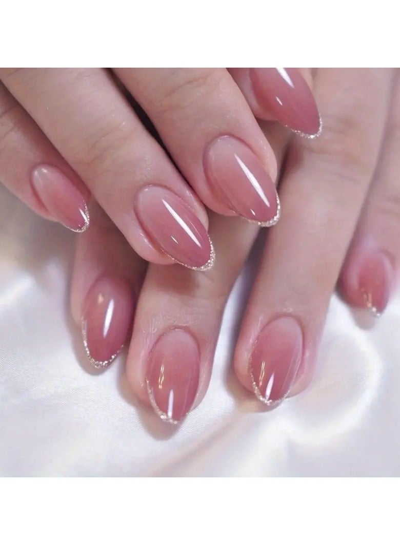 24pcs Glossy Medium Oval Fake Nails, Nude Pinkish Gradient Press On Nails With Glitter French Tip Design, Minimalist Style False Nails For Women Girls Daily Party Wear
