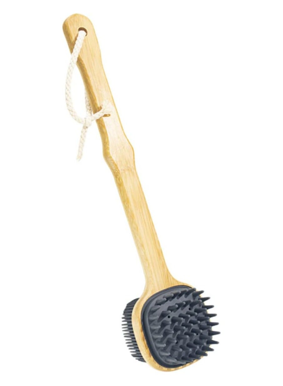 Bamboo Handle Silicone Back Scrubber, Double-Sided Shower Brush for Men & Women, with Lanyard