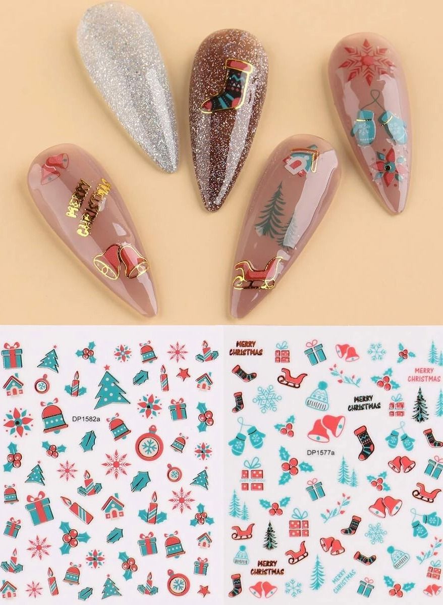 Christmas Nail Stickers Decals, Winter Snowflakes Snowman 3D Self-Adhesive Nail Art Stickers Cute Elk Santa Claus Design Nail Decorations Xmas DIY Manicure Supplies for Women Girls