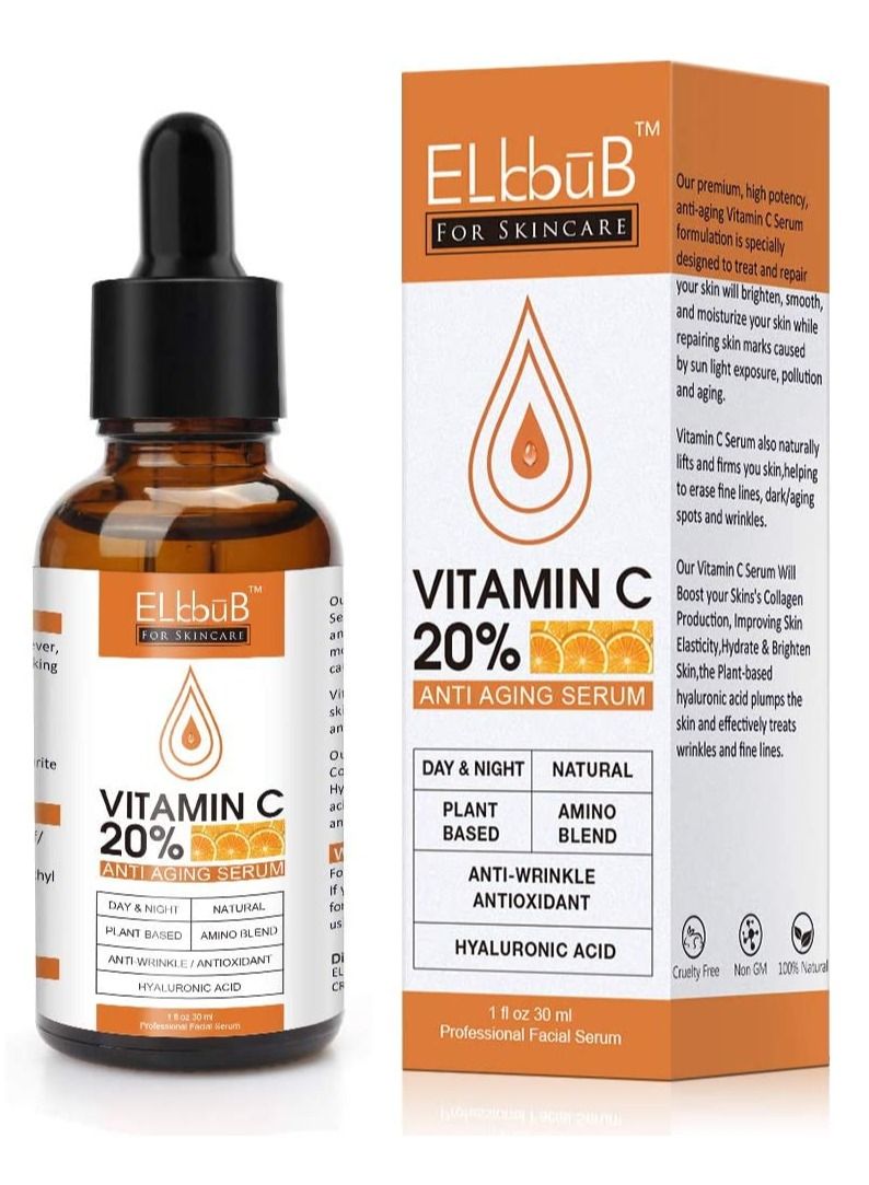 Premium 20% Vitamin C Serum For Face with Hyaluronic Acid Retinol & Amino Acids Boost Skin Collagen Brighten Hydrate & Plump Skin Anti Aging & Wrinkle Facial Serum 30ml