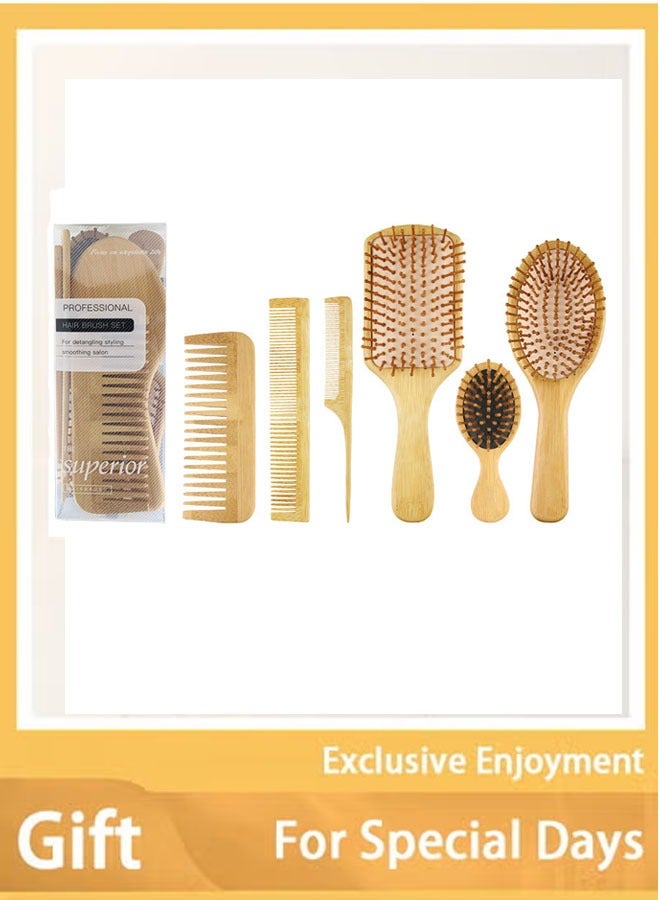 Natural Bamboo Comb Set Wooden Massage Hair Brush with Wide Tooth Comb and Grooming Comb for Women Men and Kids, Reduce Frizz and Massage Scalp