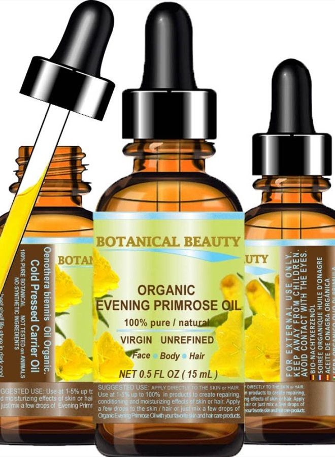 ORGANIC EVENING PRIMROSE OIL. 100% Pure / Natural / Undiluted / Unrefined /Certified Organic/ Cold Pressed Carrier Oil. Rich antioxidant to rejuvenate and moisturize the skin and hair. 0.5 Fl.oz.- 15