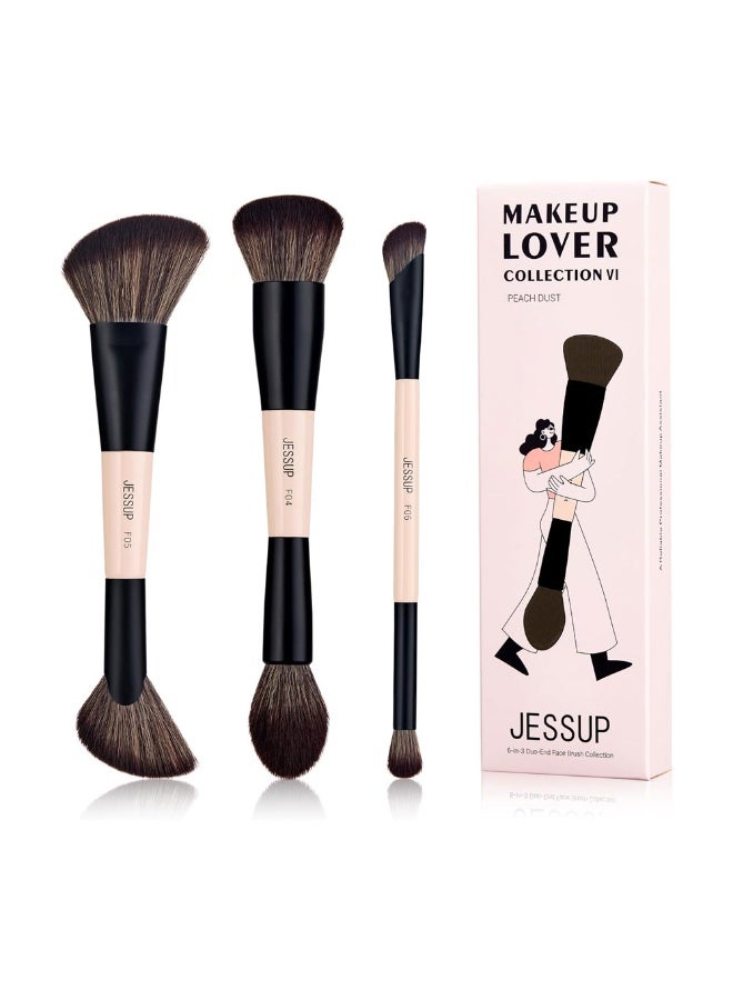 Jessup Face Makeup Brushes 6-in-3 Double Ended Makeup Brush Set for Foundation Contour Blush Highlight and Powder, Premium Synthetic Makeup Brushes Peach Dust T508