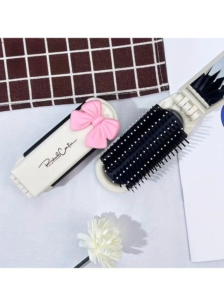 1pc Folding Hair Comb, Airbag Hair Brush with Mirror, Scalp Massage Brush, Lovely Bowknot Decoration Comb,Gift for Eid, Ramadan