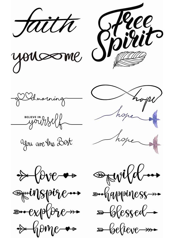 17 Designs Temporary Tattoos Boho Arrows Watercolor Bird Feather Inspirational Word Calligraphy Phrase Quote Hand Temporary Tattoo Neck Arm Chest for Women Men Adults