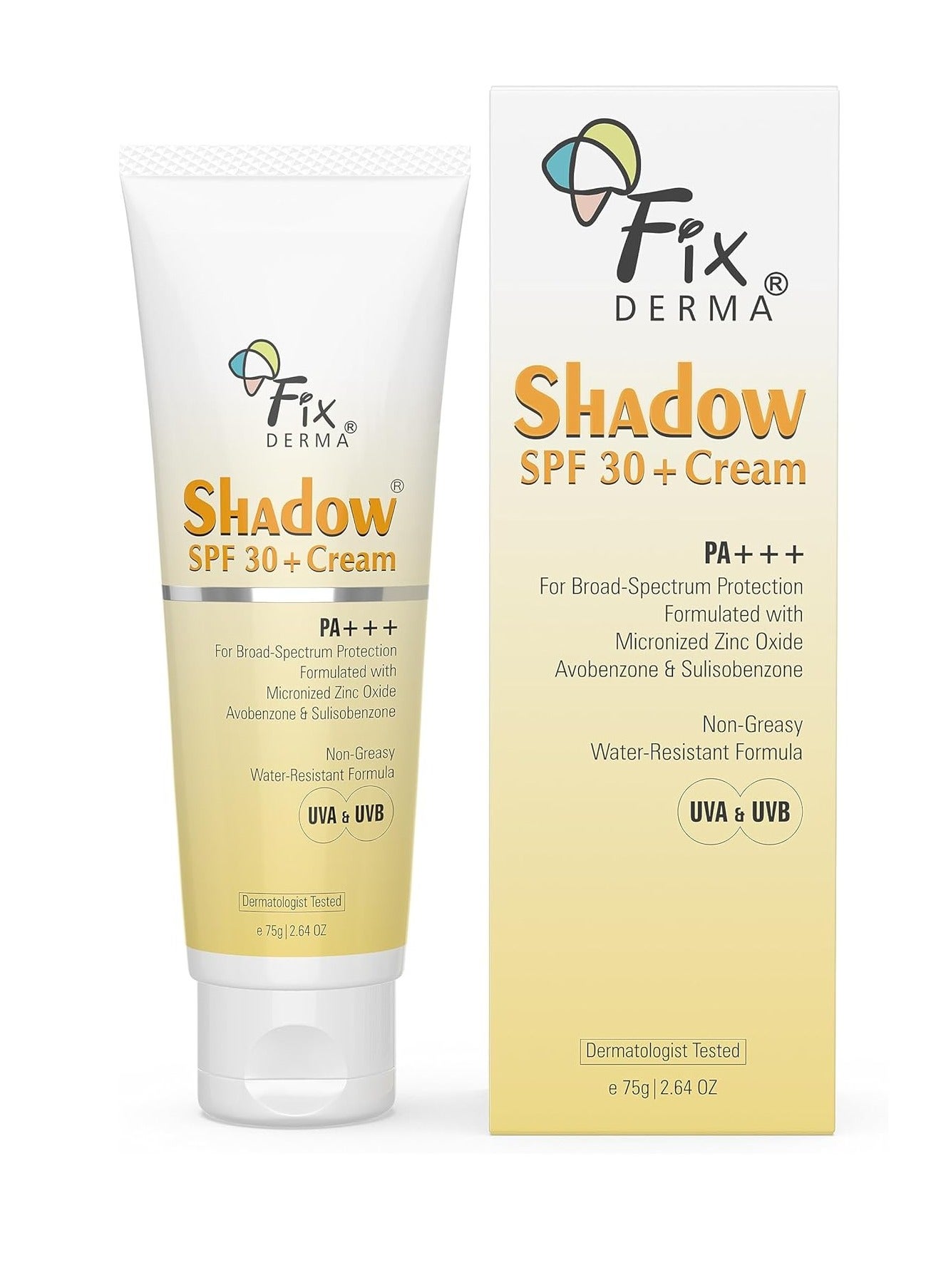 Fixderma Shadow Sunscreen SPF 30+ PA+++ Cream For Dry Skin, Body & Face, Broad Spectrum For Uva & Uvb Protection, Non Greasy & Water Resistant, 75g