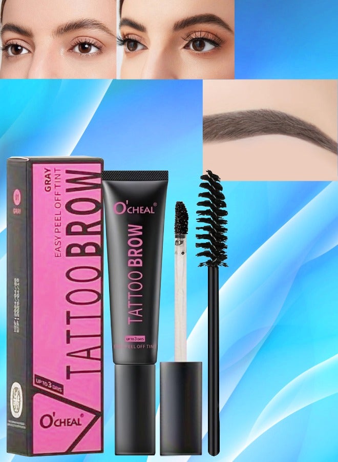 Tattoo Brow Peel Off Tint Waterproof Sweatproof 3 Days Long Lasting Peel Off Tattoo Brow Gel Peel Off Tint Eyebrow Gel with Mascara Brush and Three Eyebrow Shapes Eyebrow Glue Gray 01
