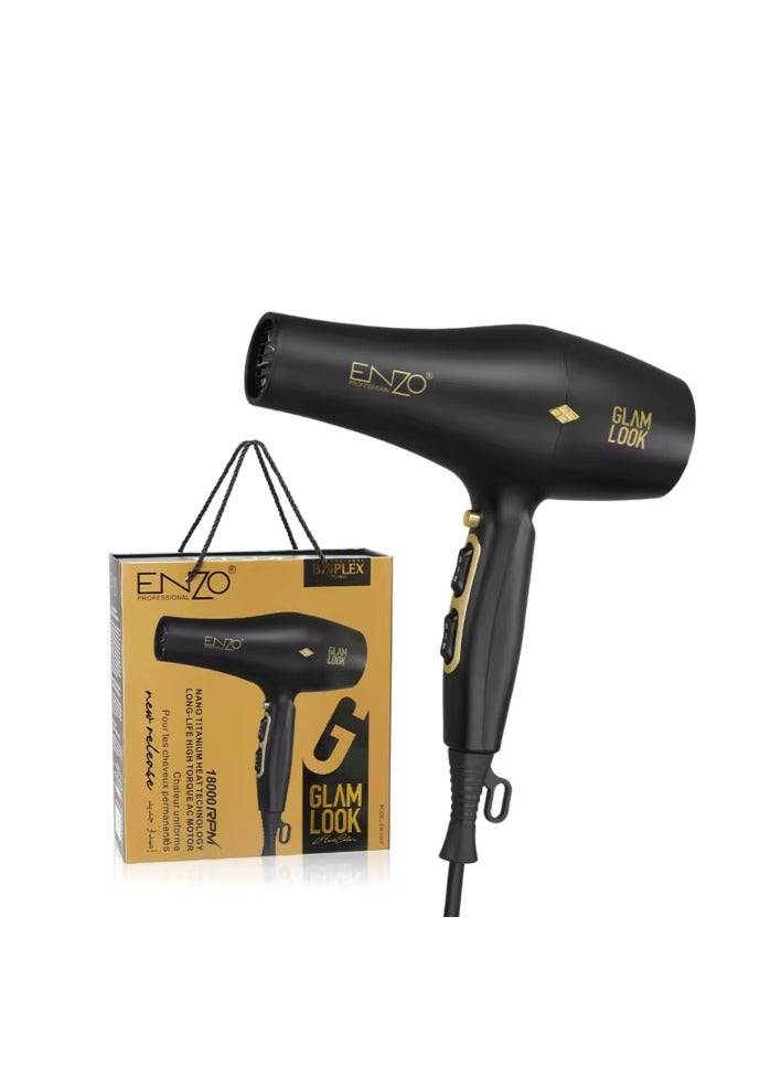 ENZO PROFESSIONAL Hair Dryer with Even Heat for Permed Hair – Fast Drying, Cool Shot, Salon-Quality Performance