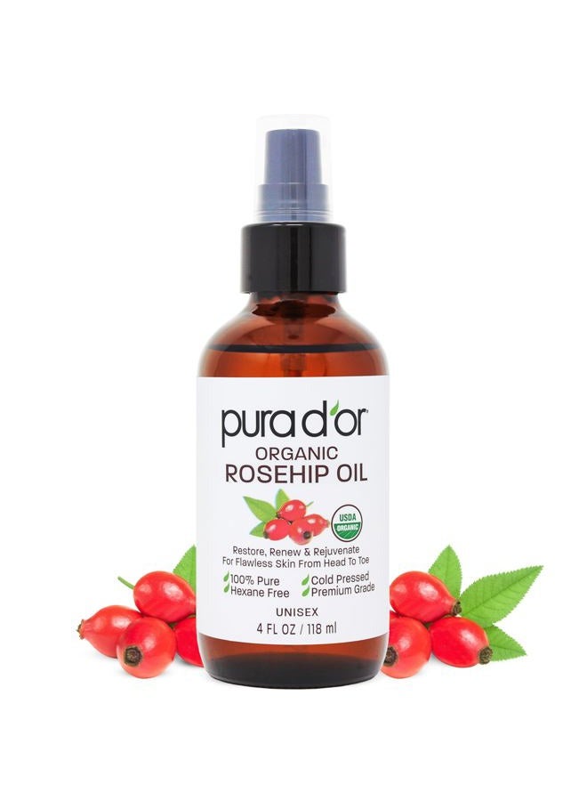 4 Oz ORGANIC Rosehip Seed Oil Hair Relaxer 100% Pure Cold Pressed USDA Certified All Natural For Anti-Aging, Scar Treatment, Face, Hair Relaxer & Skin Moisturizer - Women & Men