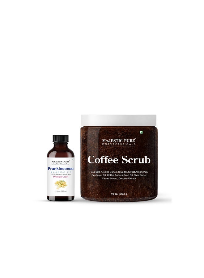 Pack of 2 Frankincense Essential Oil 30ml & Coffee Body Scrub 118ml | Aromatherapy & | Exfoliating Skin Care Combo