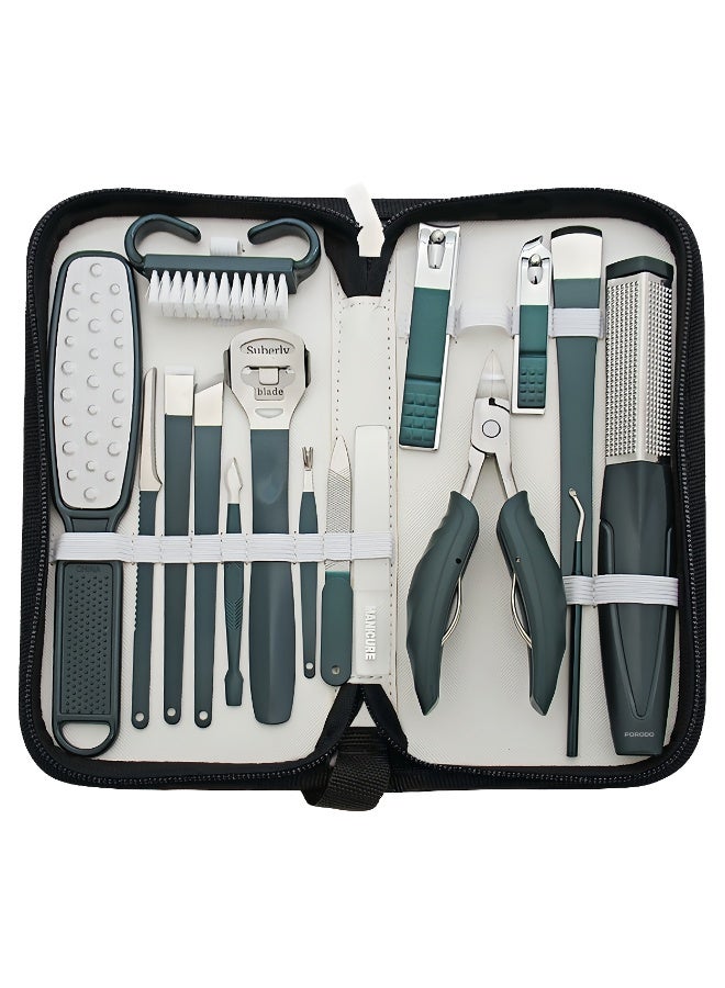 16 in 1 Portable Nail Clipper Set for Manicure and Pedicure / Iron Material / Multi Use Functionality / with Carry Case /  Nair Trimmer / for Men & Women - Green