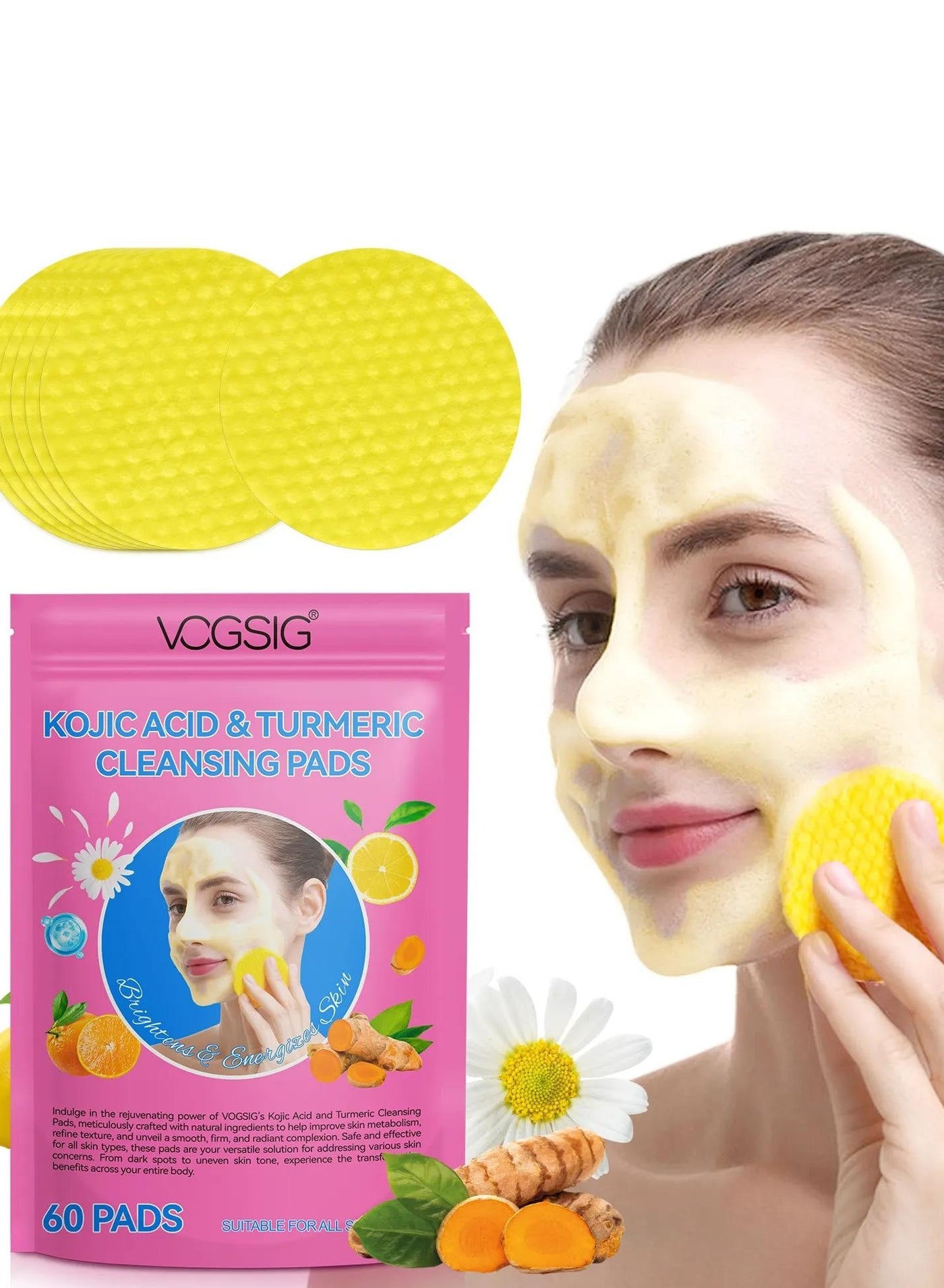 60Pcs Kojic Acid and Turmeric Cleansing Pads for Dark Spots Helps Balance Skin Oil and Water Fade Spot Remove Excess Keratin Clean Oil Refines Pores Turmeric Kojic Acid Cleansing Pads