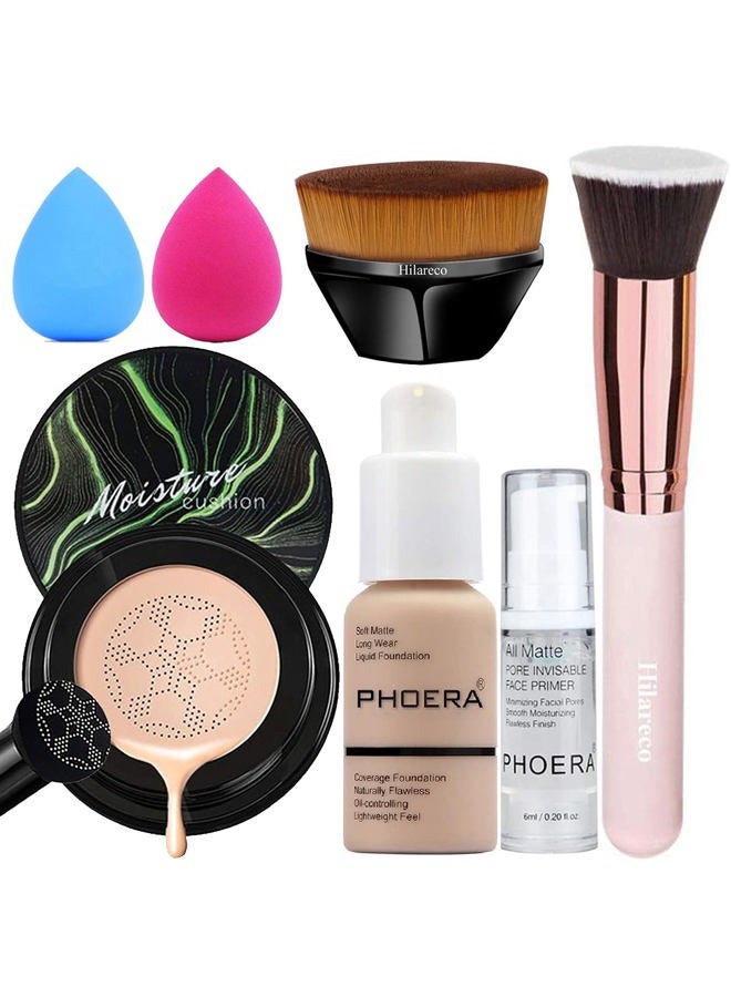 PHOERA Foundation,Air Cushion CC Cream Foundation, Foundation Full Coverage,Phoera Face Primer, Kabuki Brush, Makeup Sponge (102 Nude +# 02 Natural CC)