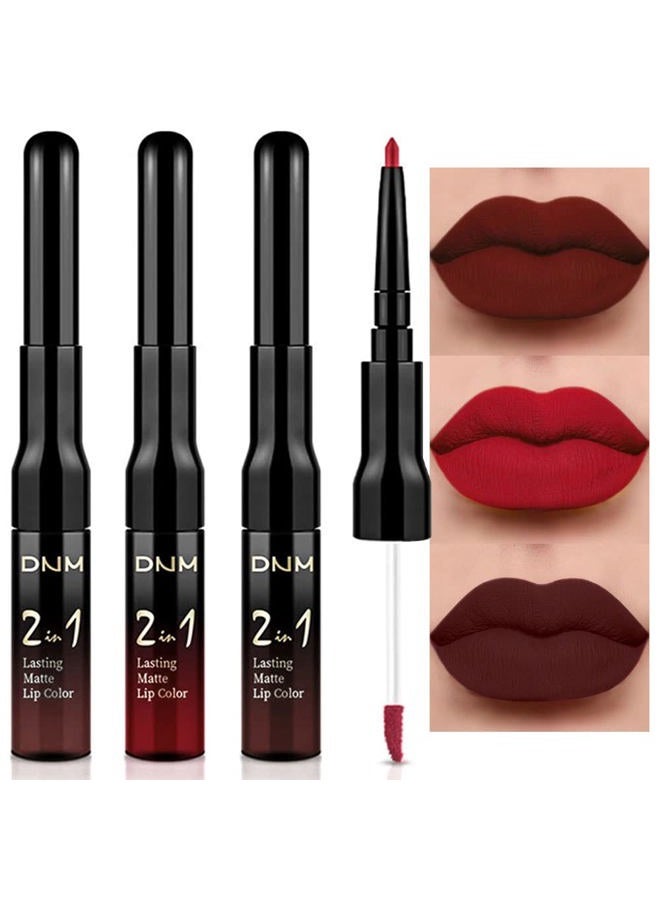 DNM 3Pcs Dark Brown Red Matte Lip Liner and Liquid Lipstick Sets for Women Stay on Lipstick 24 Hour Lip Stick Packs Matte Lip Stain Lipgloss Sets for Dark Skin Women Waterproof Long Lasting 24
