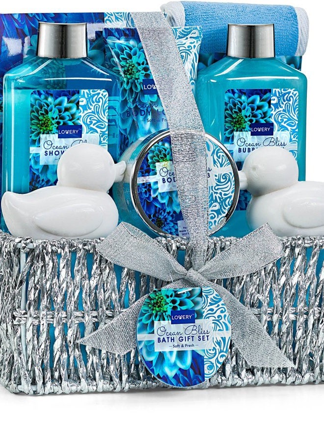 Home Spa Gift Basket in Heavenly Ocean Bliss Scent - 9pc Bath & Body Set - Shower Gel, Bubble Bath, Bath Salt, Body Lotion & more, Wedding, Anniversary, Birthday, Graduation Gift for Women