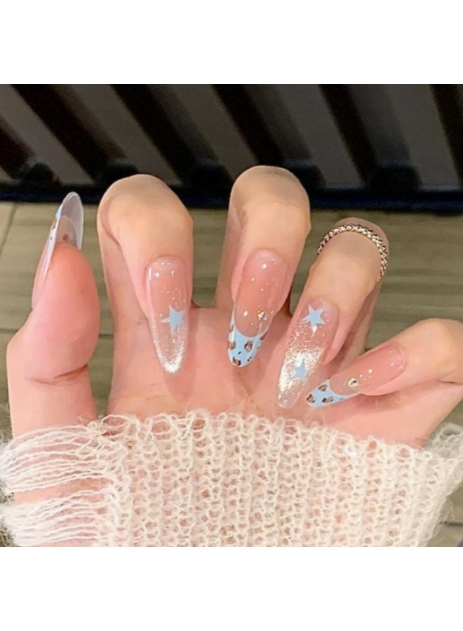 Blue Star Gradient French Tip Press On Nails | 24PCS Long Coffin Shape Reusable ABS Nails | Glossy Sparkling Finish | Scratch Resistant Waterproof | Easy Apply Natural Fit | Elegant Nail Art Set | Salon-Quality Home Manicure | Perfect for Party & Gift