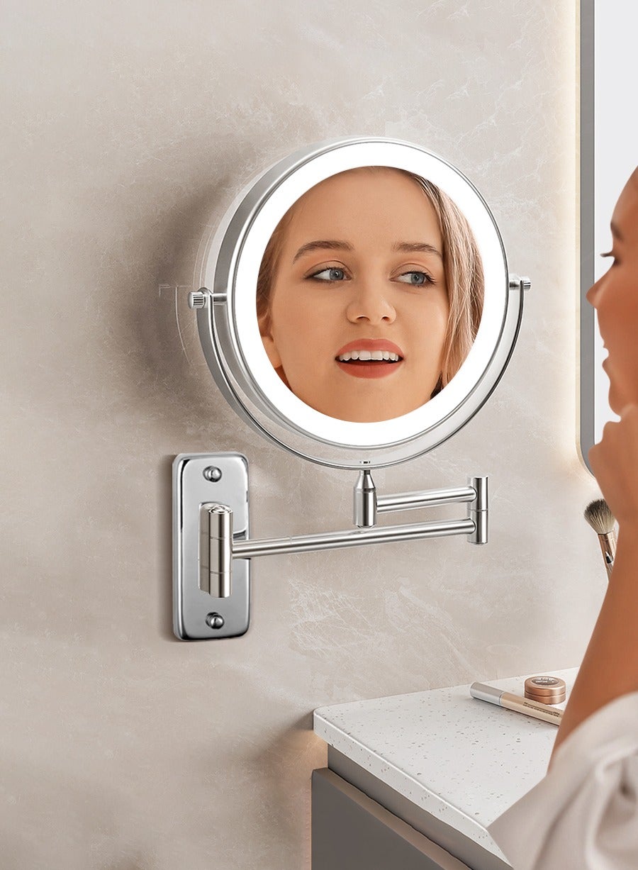 Wall-mounted Illuminated Makeup Mirror, 6-inch Double-Sided LED Makeup Mirror with 1X/8X Magnification, 360° Swivel, Expandable Bathroom Mirror for Room, Bathroom, Powder Room