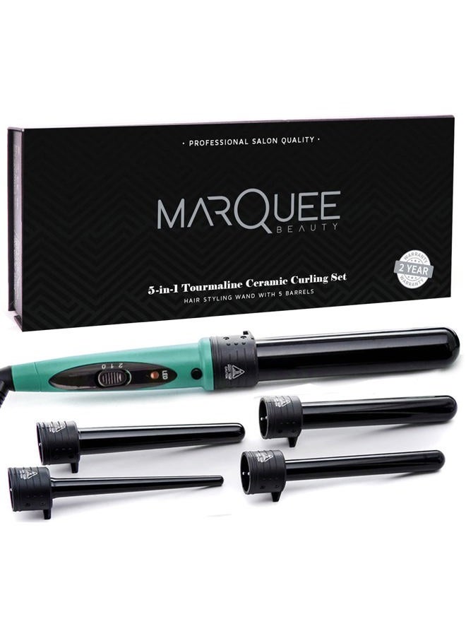 Marquee Beauty Professional Salon 8 Piece Flat And Curling Iron Set, 5 Interchangeable Ceramic Tourmaline Barrels, Heat Protectant Glove (Black)