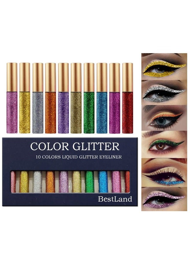 10 Colors Liquid Glitter Eyeliner Metallic Shimmer Glitter Eyeshadow Pigment Eyebrown Shimmer Waterproof Face Lips Art for Party Festival Makeup