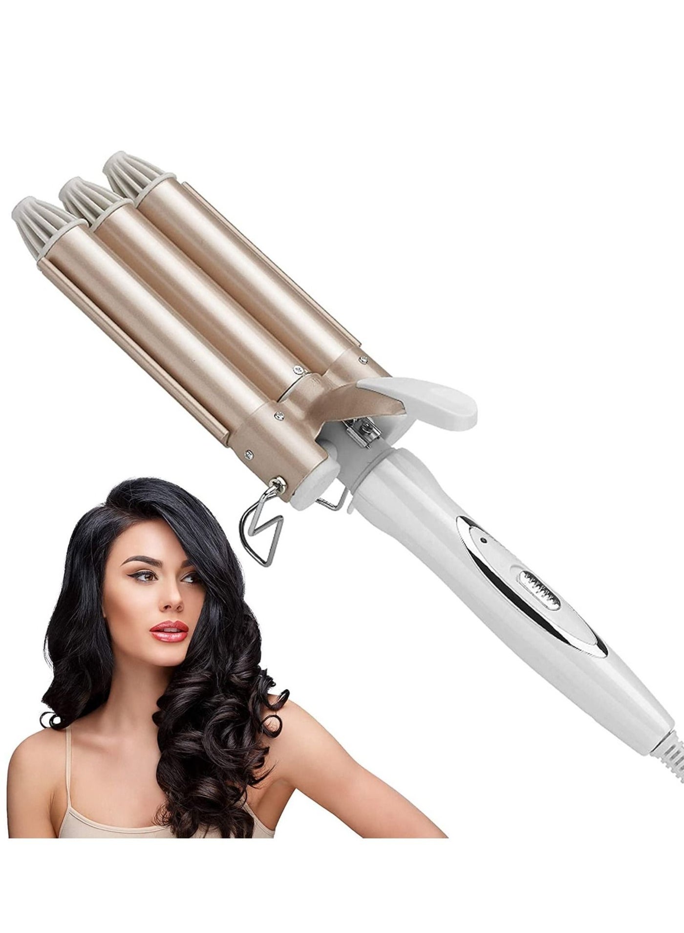 3 Barrel Curling Iron,1 inch Triple Three Barrel Hair Waver Mermaid Beach Waves Curling Wand Ceramic Tourmaline Temperature Adjustable Curler Irons,Hair Crimper Fast Heating Curling Wand (Gold)
