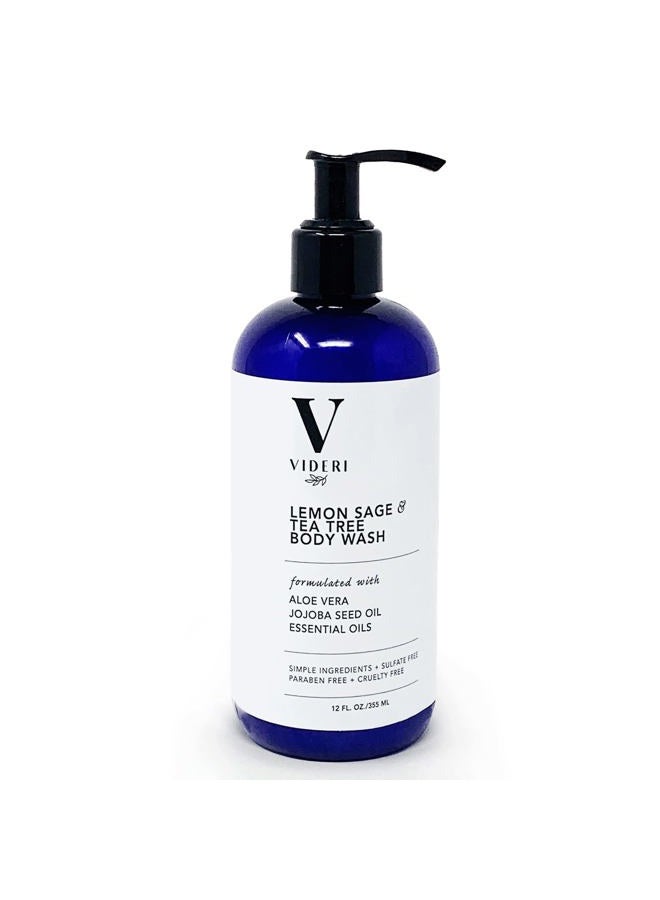 Sulfate Free Body Wash for Sensitive Skin Lemon Sage & Tea Tree Body Wash - Essential Oils, Aloe Vera & Jojoba - Antioxidant Rich, Gentle on Skin & Fresh Citrus Scent - Large 12 fl oz