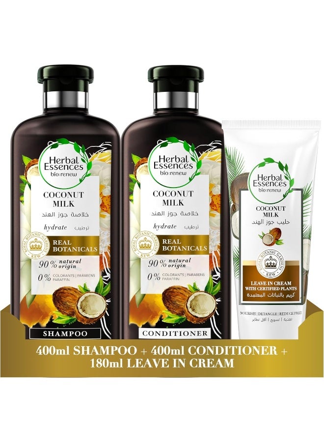 Herbal Essences Bio Renew Certified Plants Coconut Milk Hydrating Shampoo, Conditioner, and Leave-In Cream 400ML