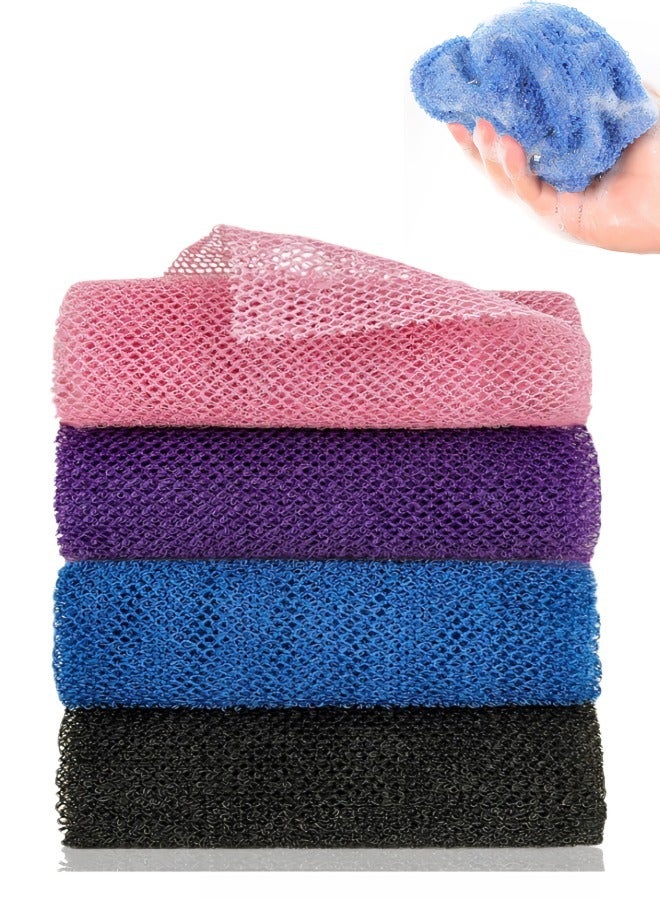 4 Pieces African Net Bath Sponge Exfoliating Net, Nylon Long Net Bath Sponge Shower Body Scrubber Net Back Scrubber Skin Smoother for Daily Use, Black, Blue, Pink, Purple