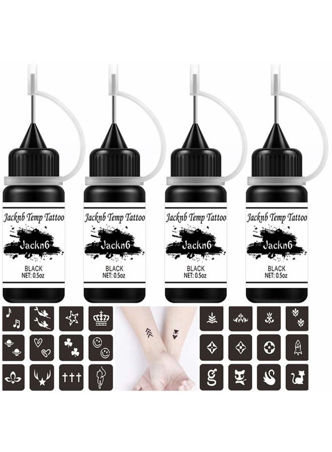 Temporary Tattoo Kit, Semi Permanent Tattoo Jagua Gel Freehand Ink 4 Bottles 2oz DIY Tattoos Fake Freckles Temp Tattoos for Women Kids Men Body Art Markers 40 Pcs Free Tattoos Stencils