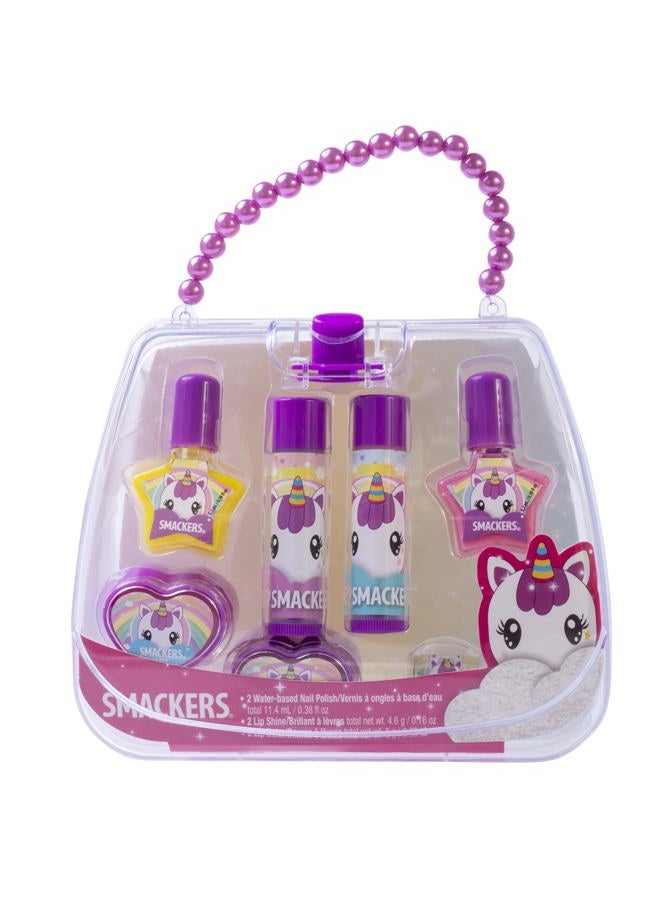 Unicorn Nail Polish & Flavored Lip Balm Makeup Bag for Girls | Tote | Purse | Christmas Make Up Collection | Holiday Present | Gift for Kids Set of 7