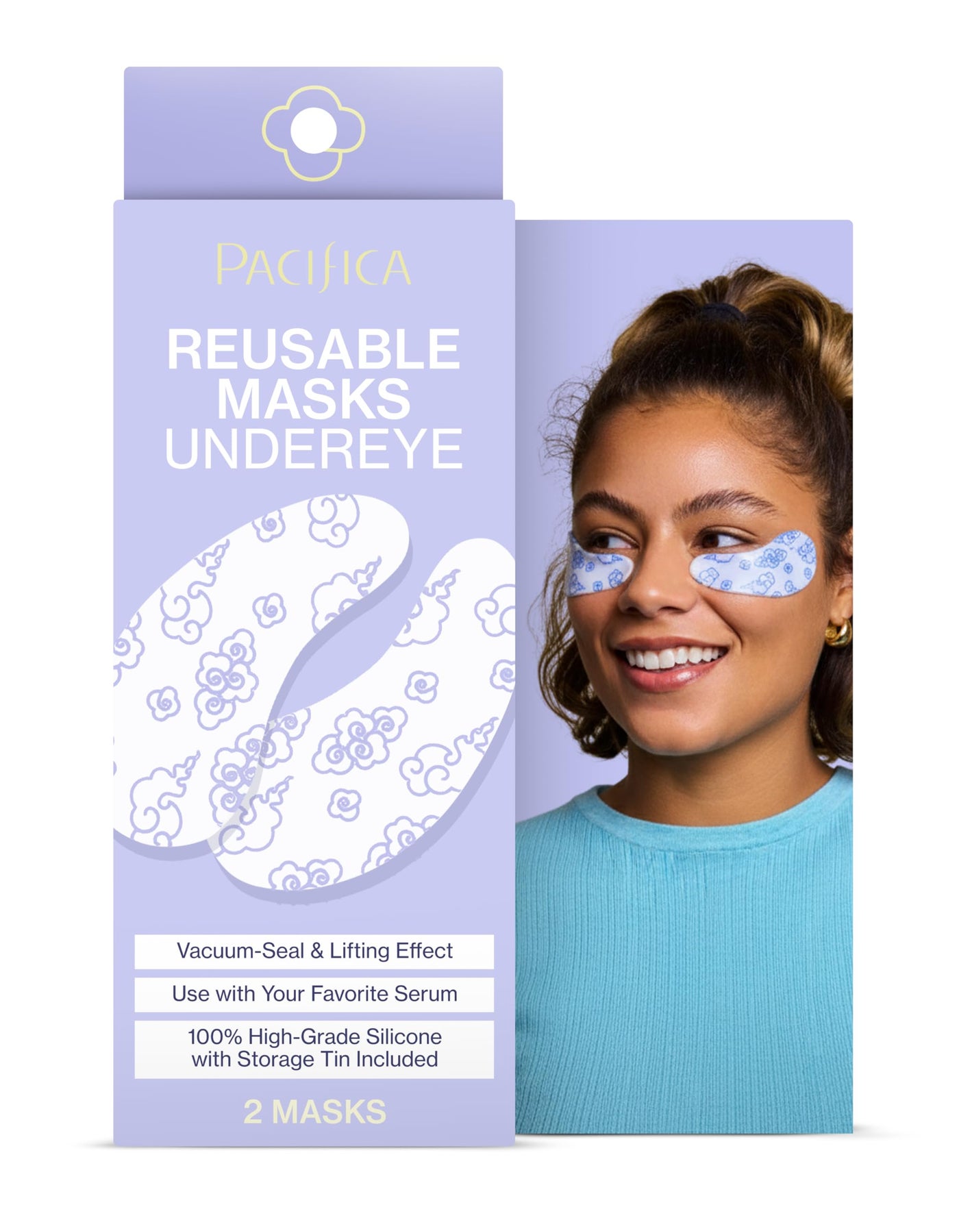 Pacifica Reusable Mask â€“ Under Eye Mask Silicone Face Mask for Fine Lines & Dark Circles, Pair with Serum, Storage Tin Included, Vegan & Cruelty-Free, 2 Pieces