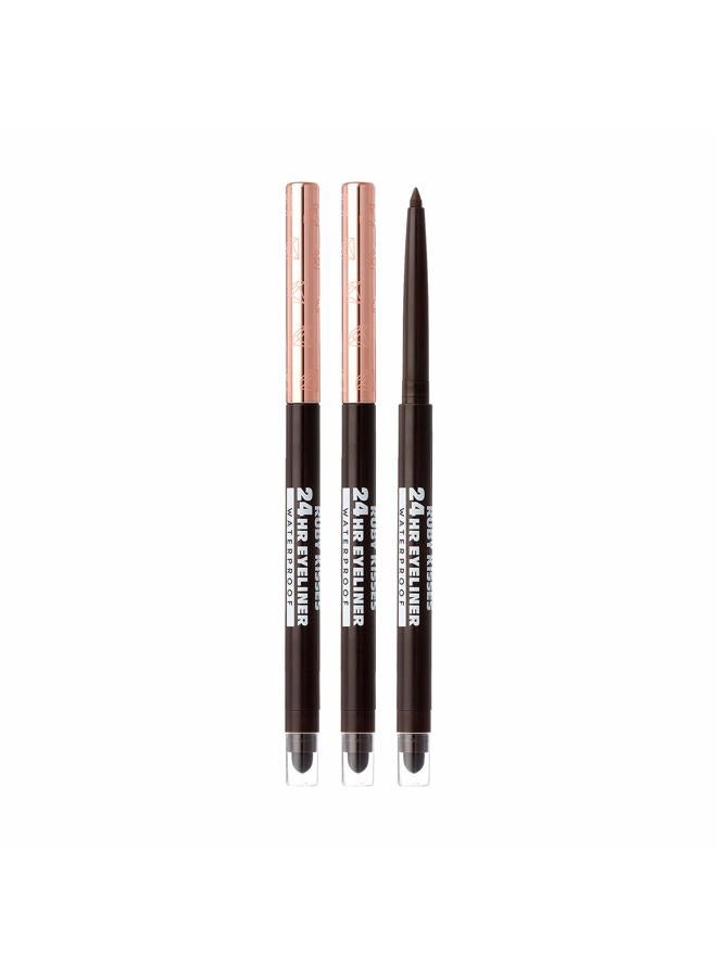 Waterproof Eyeliner, 24HR Waterproof Long-Lasting Mechanical Eyeliner Pencil with Built-in Sharpener, Smudgeproof 3 Pack (Dark Brown)