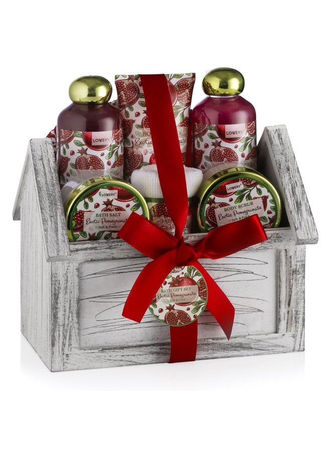 House Warming Gifts New Home Spa Gift Basket, 8pc Bath & Body Set for Women, Exotic Pomegranate Scent, Shower Gel, Bubble Bath, Lotion, Bath Salt, Body Scrub, Towel, Cosmetic Bag, Housewarming Gift.