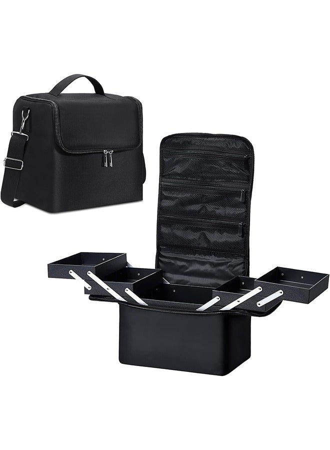 Large Makeup Carrying Train Case for Women, Black Travel Bag Storage Box,4 Tier Professional Nail Organizer Case with Adjustable Dividers for Nail Tools Jewelry MakeUp Brushes