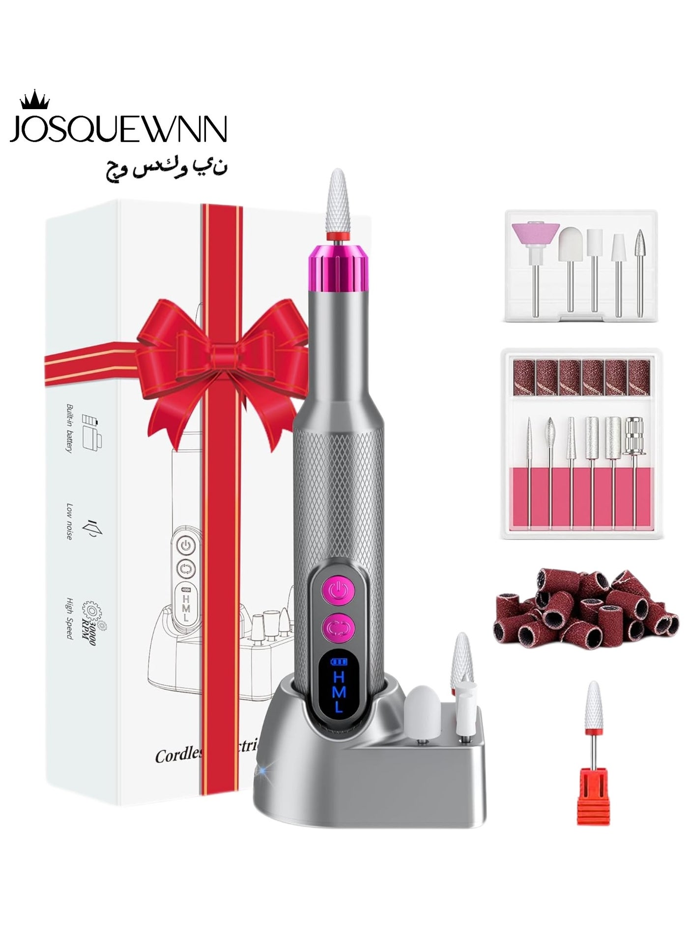 Electric Nail Drill, Professional Manicure Pedicure Kit, Cordless Electric Nail File Set, Rechargeable Pedicure Tools For Nails, 3 Speeds Hand Foot Care Nail Drill,With The Wireless Charging Base,36 Sanding Bands Set.