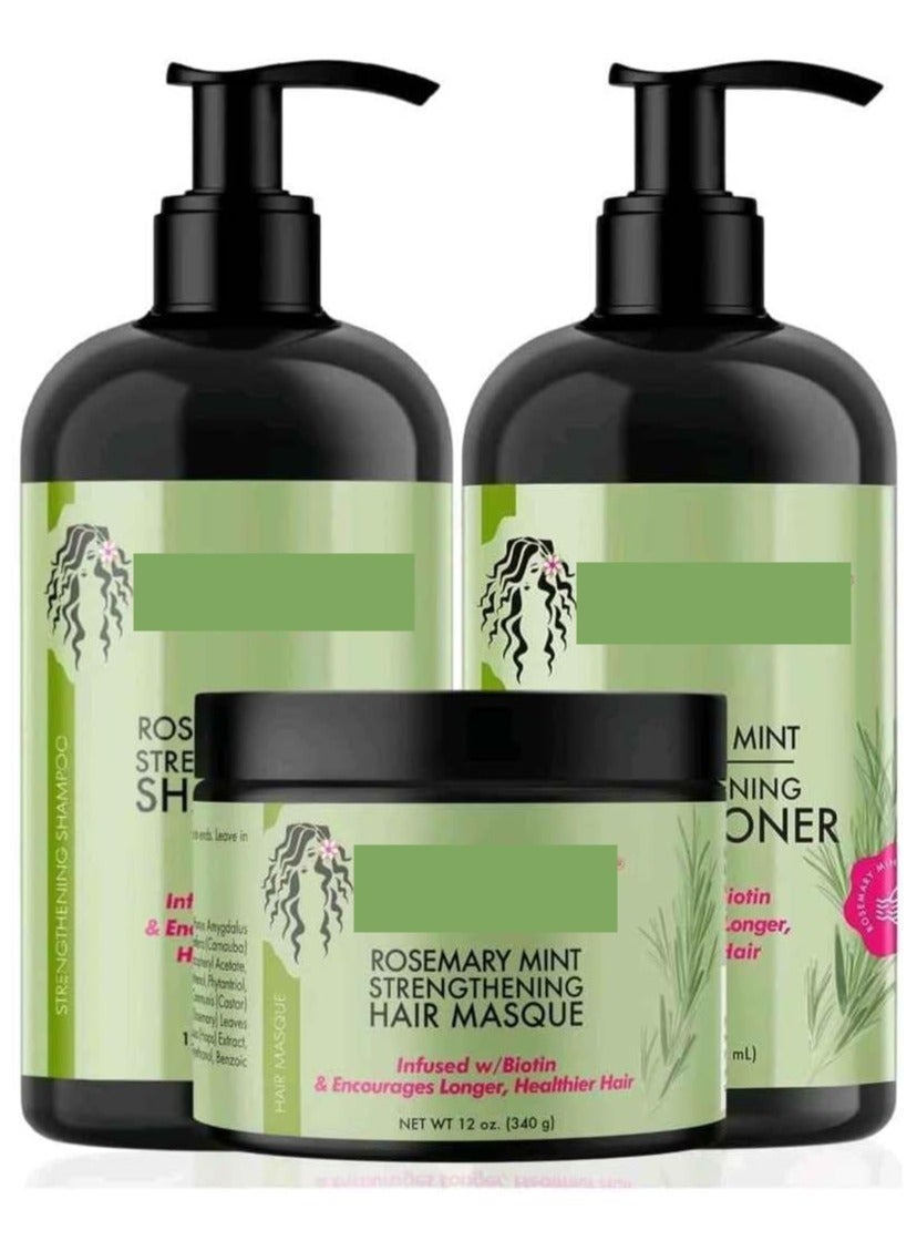 Organics Mint & Rosemary Hair Strengthening Set - Shampoo, Conditioner and Hair Mask - Enriched with Biotin, Cleanses and Helps Strengthen Weak, Brittle Hair