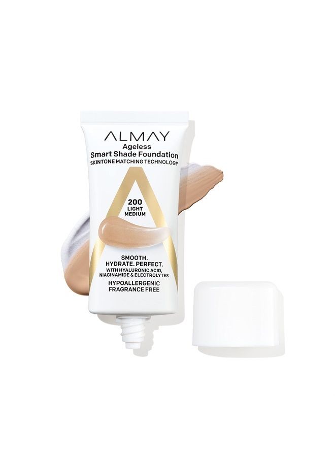 Anti-Aging Foundation, Smart Shade Face Makeup with Hyaluronic Acid, Niacinamide, Vitamin C & E, Hypoallergenic-Fragrance Free, 200 Light Medium, 1 Fl Oz (Pack of 1)