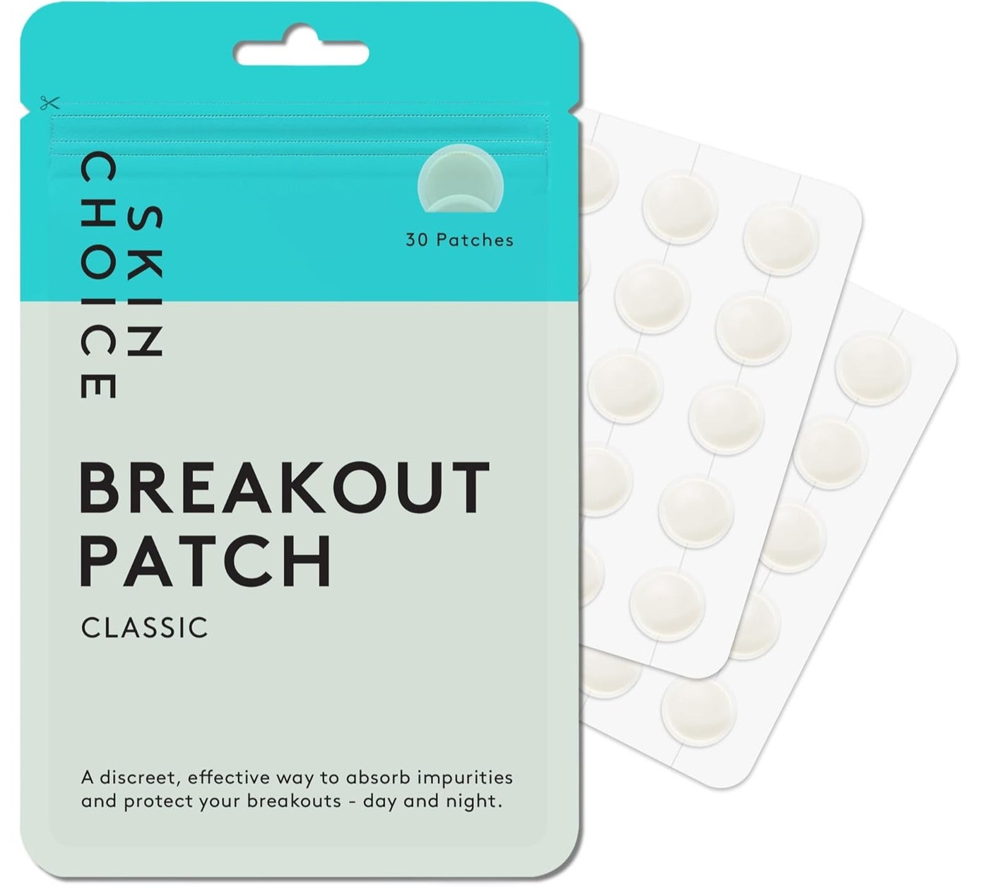 SkinChoice Breakout Patch Classic - Pack of 30 - Hydrocolloid Pimple Patches - Vegan, Fragrance-free, Gluten-free, Latex-free, Parabens-free, Sulfates-free, Cruelty-free for Face and Body