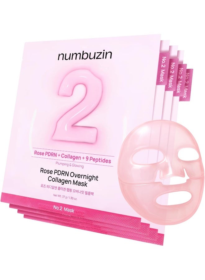 No.2 Sheet Mask |Overnight Face Mask | Rose PDRN Overnight Collagen Mask | Korean Glass Skin Essential | Elasticity, Hydrating, Firming, Enlarged Pores | Collagen, Peptides, PDRN | 37g, 4ea