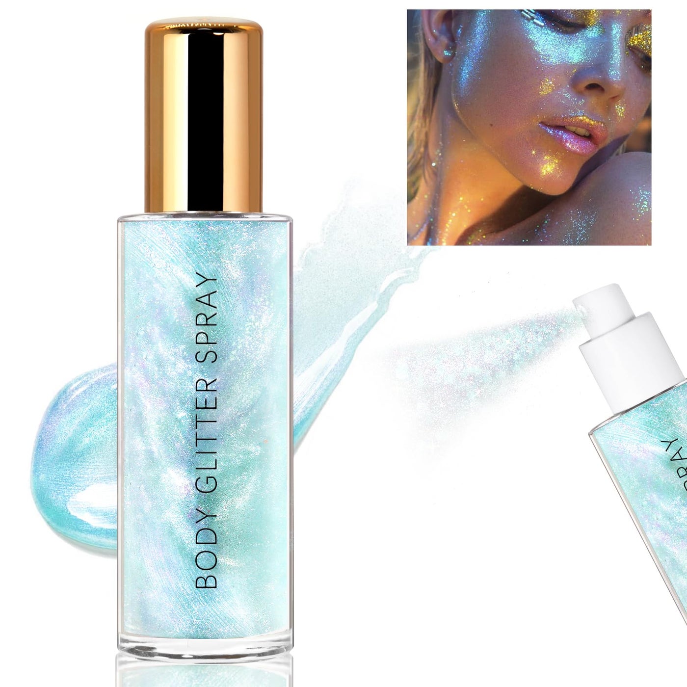 HOSAILY Body Glitter Spray, Moisturizing Bronze Body shimmer Luminizer Glow Illuminator Quick-Drying and Non-Sticky Liquid Highlighter Spray for Face Hair Glitter, 60ML -Blue