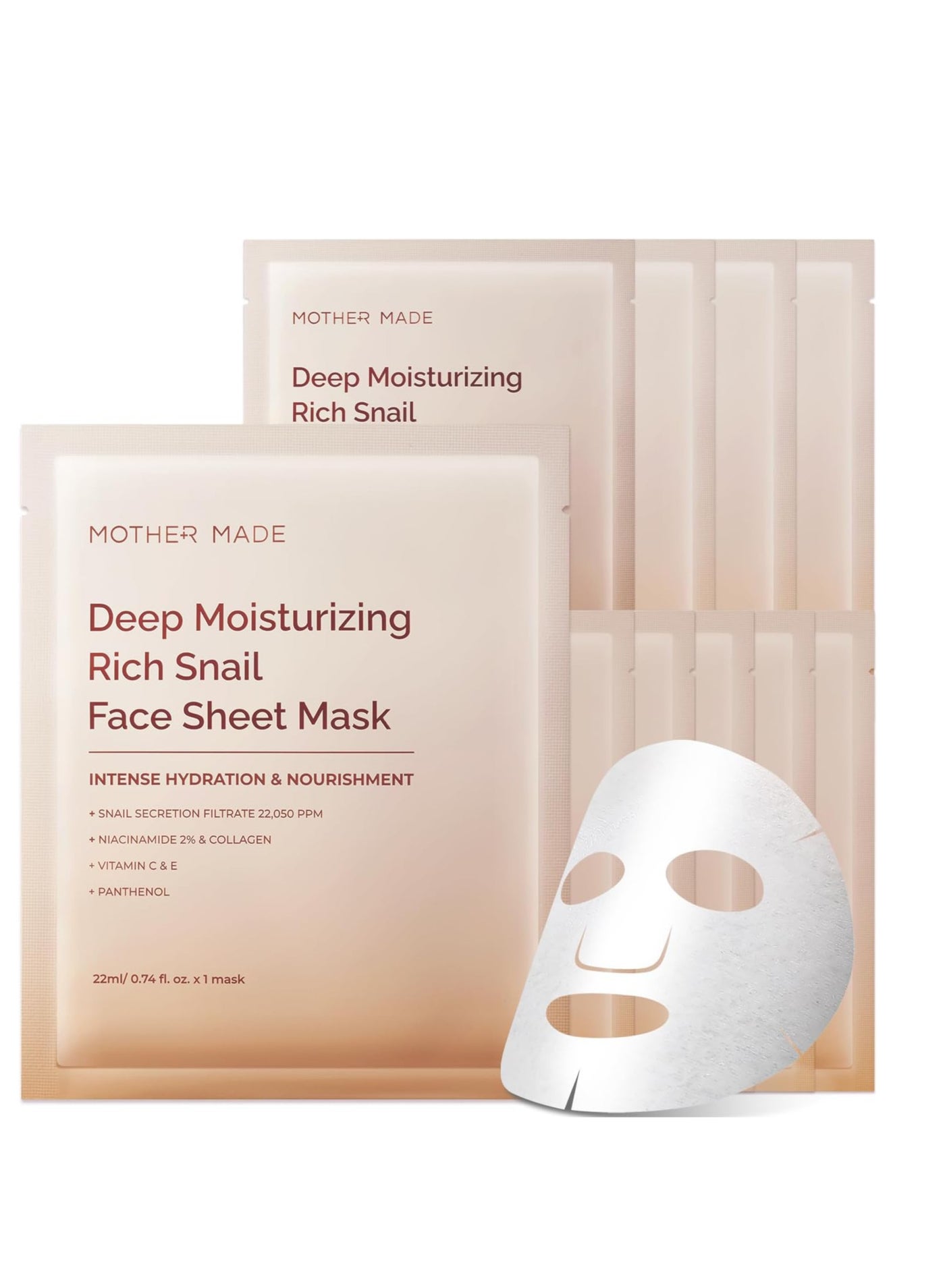 Moisturizing Snail Mucin Face Mask 10 Sheets, 22,050ppm Snail Secretion Filtrate, Collagen, Niacinamide, Vitamin C & E, Anti-aging Snail Essence for Dry, Sensitive Skin, Korean Skincare