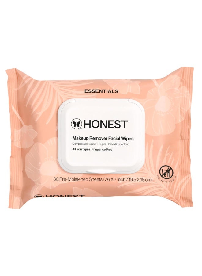 Honest Beauty Fragrance Free Cleansing Makeup Remover Facial Wipes | Plant Based, Hypoallergenic, Gentle for Sensitive Skin | 30 Count