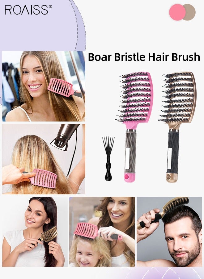 Boar Bristle Hair Brush 2 Pack Set Dry/Wet Hair Brush Detangler for Fine, Thick, Curly Hair Curved and Vented Hair Brush for Women, Men with Comb Cleaning Claw (Pink and Gold)