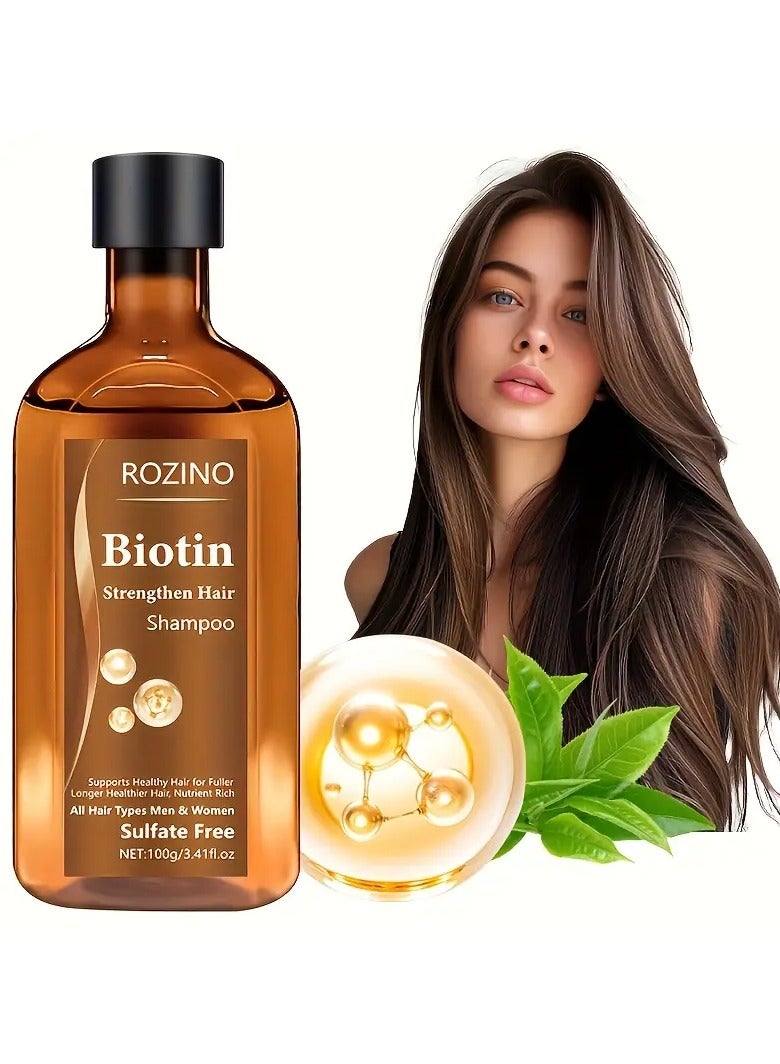 ROZINO Biotin Strengthening Hair Shampoo, 100g - Foam is Dense, Deep Cleansing & Nutritious Care for All Hair Types,, Plant-Based Formula with Coconut Oil & Squalane, Smooths & Thickens Hair