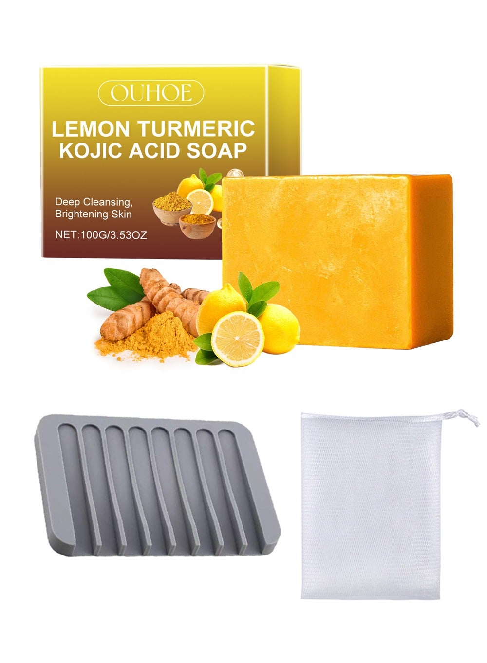 Lemon Kojic Acid Turmeric Soap with Soap Box & Foaming Net Set - Vitamin C Turmeric Soap with  Foaming Net - Reduce Dark Spot for Face and Body