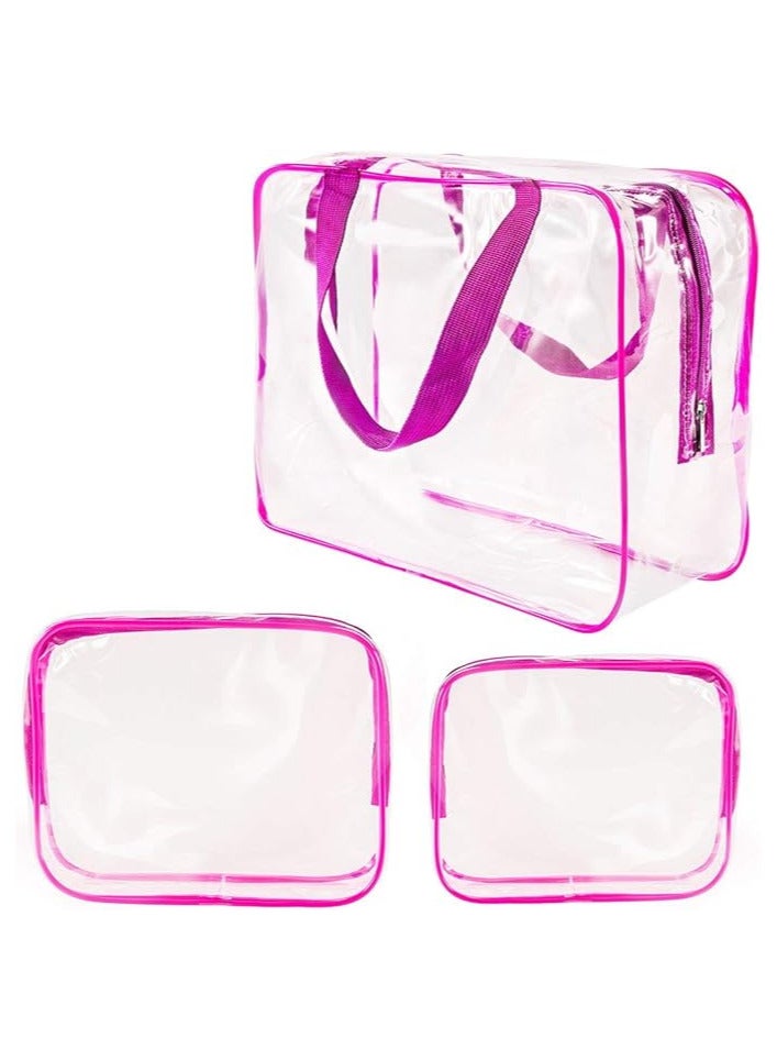 3PCS Clear Makeup Bags for Travel Waterproof Transparent PVC Tote Cosmetic Bag with Zipper Closure & Handle Toiletry Bag for Women Men, Pink