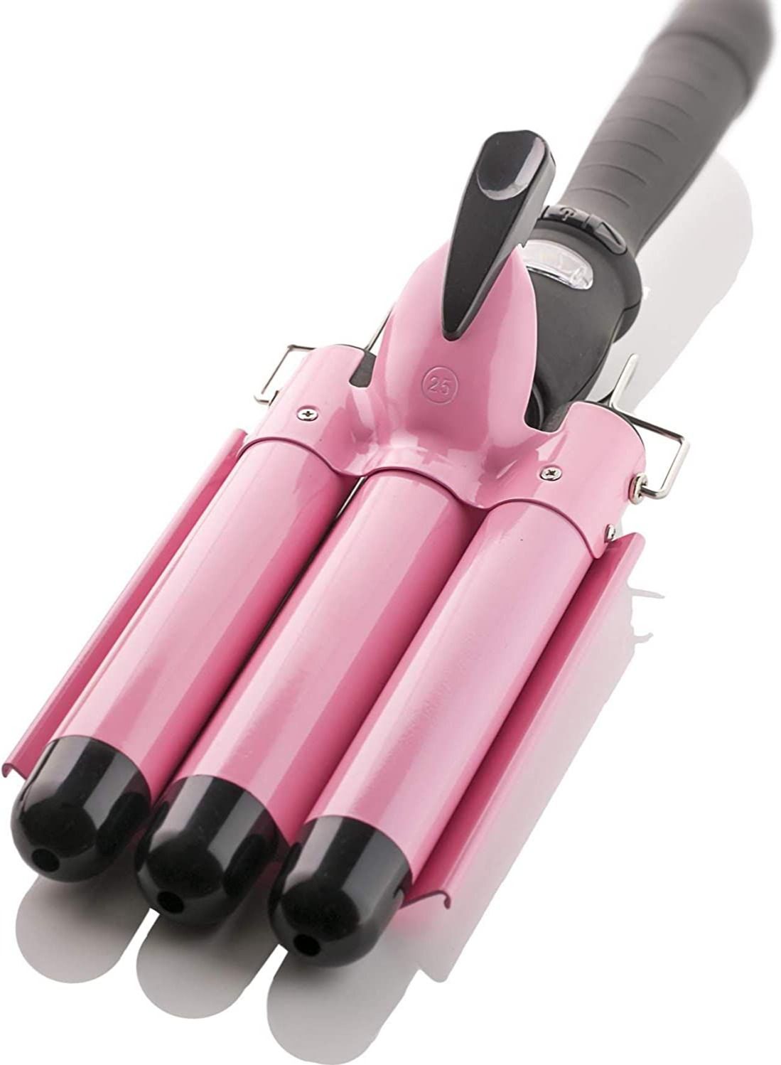 Three Barrel Curling Iron Wand with LCD Temperature Display - 1 Inch Ceramic Tourmaline Triple Barrels, Dual Voltage Crimp (Pink)