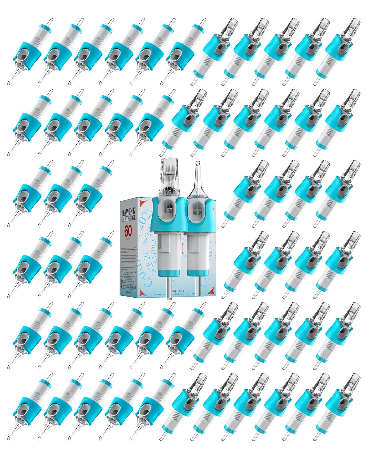 60 Assorted Tattoo Needles Cartridge Mixed Size #10 Bugpin(Round Liner 3RL*8, 5RL*8, 7RL*8, 9RL*8, 11RL*4 Round Magnum 9RM*8, 11RM*4, 13RM*4, 15RM*4) 0.3MM Disposable EN05S-BFG-60KIT-K