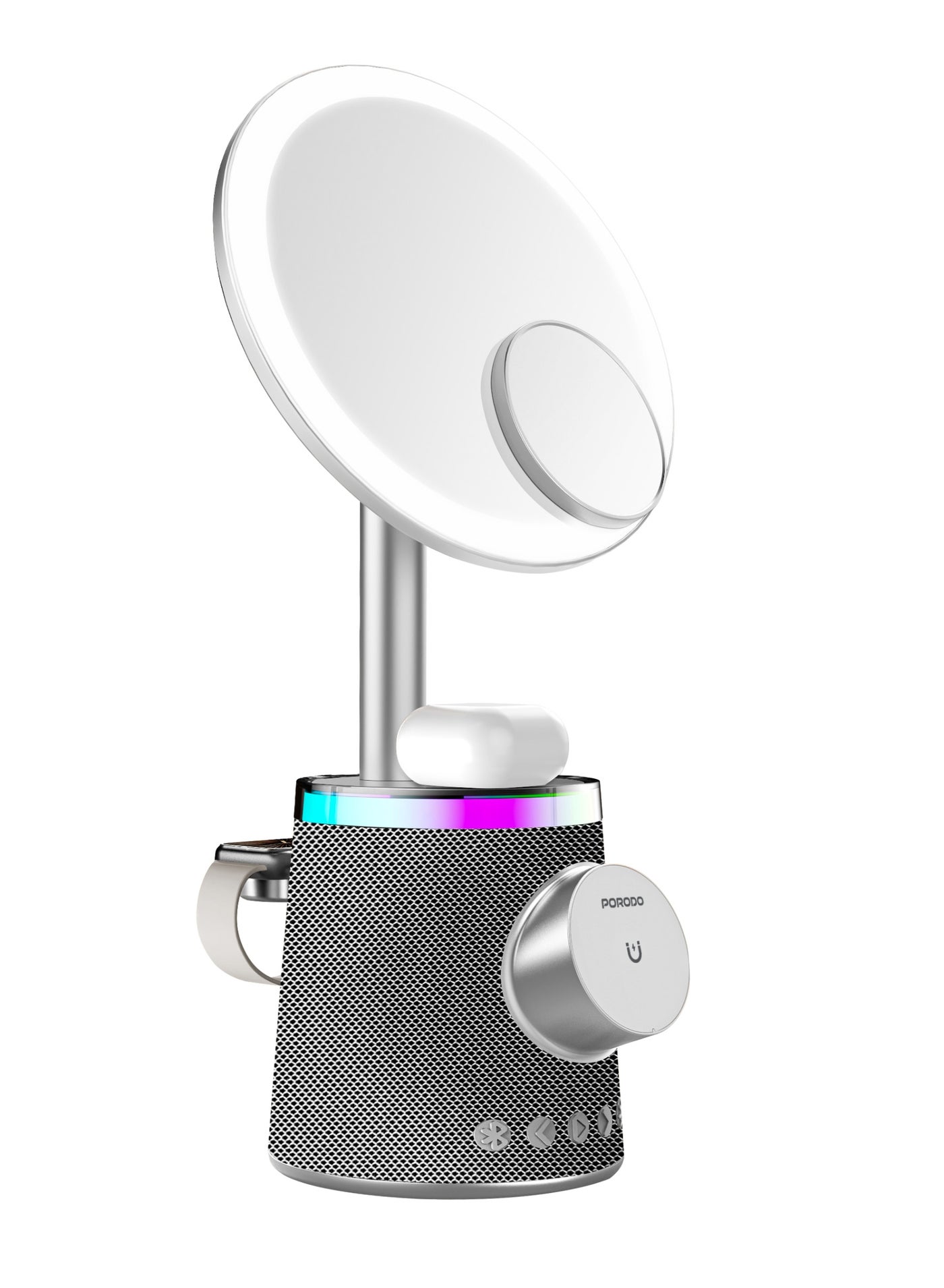 Makeup Mirror Wireless Charger & Speaker with RGB Light / 3 Brightness Levels / Button Control / Multi Device Use / Ergonomic Design / 10 Levels RGB light / 3 Color Tones - Silver