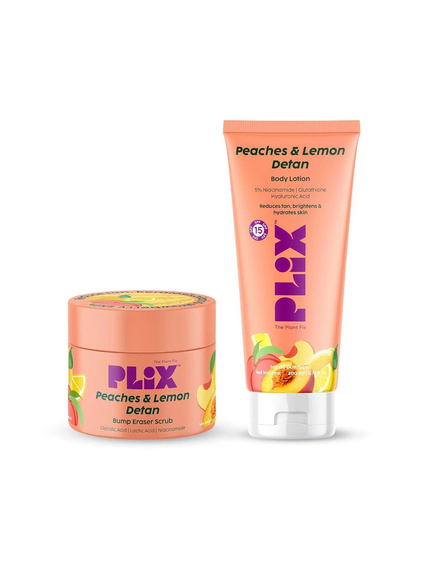 Peaches & Lemon Detan Bump Eraser Scrub (200g) & Detan Body Lotion SPF 15 (200ml) Removes Tan & Restores Skin’s Moisture, Reduces Dark Spots, Uneven Skin Tone